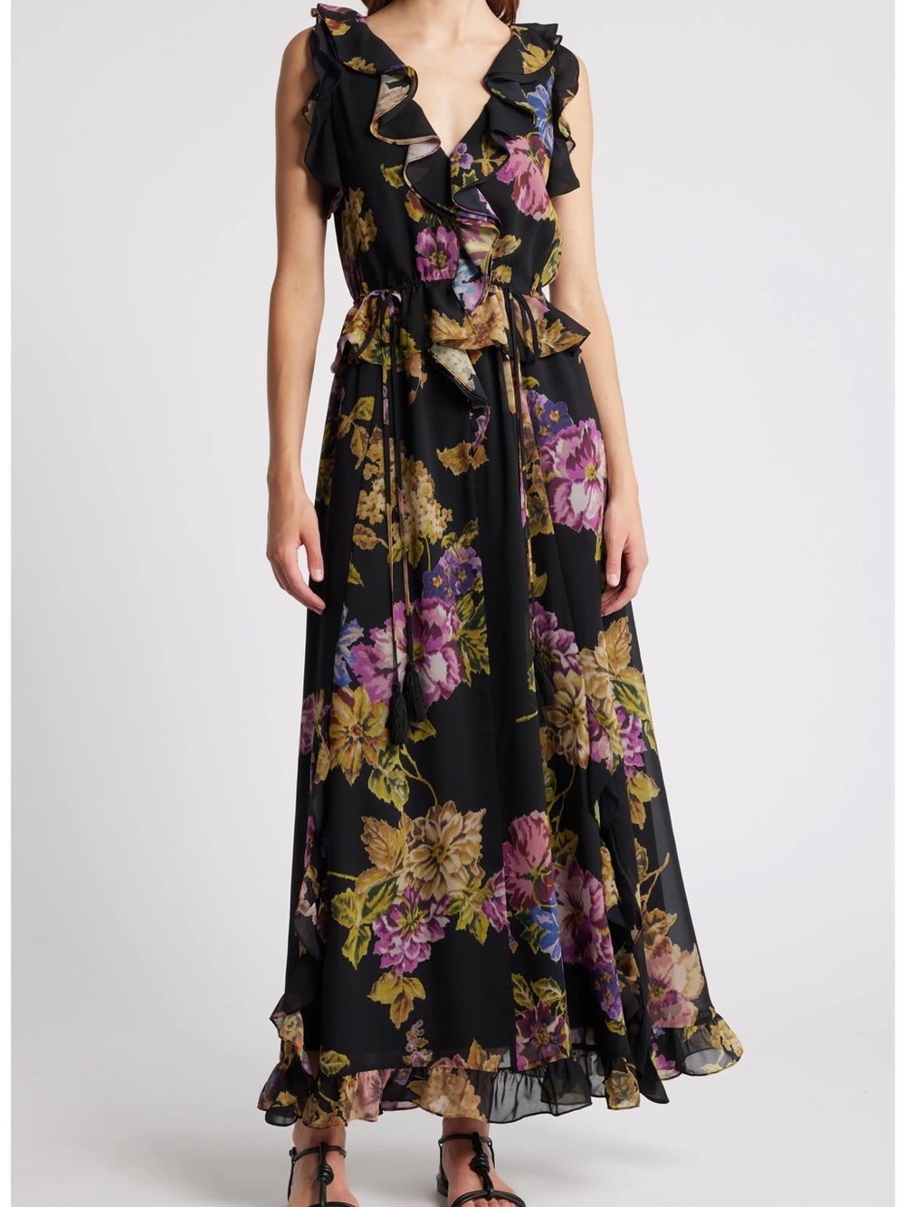 Kobi Halperin Lesley Floral Ruffle Maxi Dress Black Multi XS NWT
